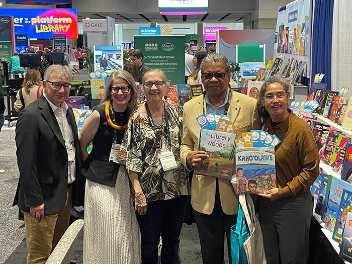 Andy Cummings, Carol Hinz, Kamalani Hurley, Calvin Ramsey, and Harinani Orme in the Lerner booth at ALA 2026